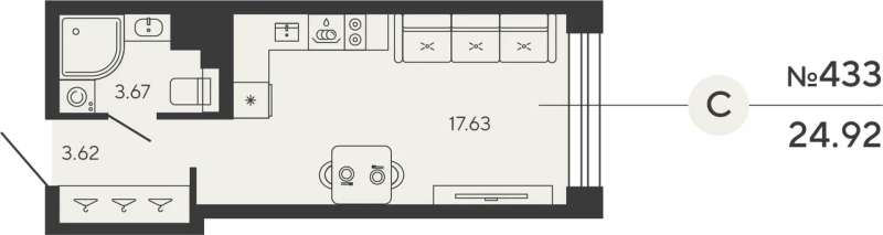 1-комнатная квартира №12уч в: BASHNI ELEMENT: 24.92 м²; этаж: 16 - купить в Санкт-Петербурге