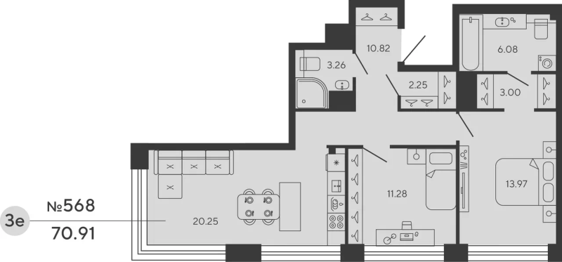 2-комнатная квартира  №568 в Bashni Element: 70.91 м², этаж 20 - купить в Санкт-Петербурге