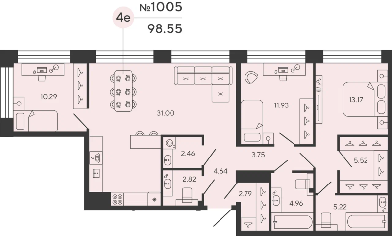 3-комнатная квартира  №1005 в Bashni Element: 98.55 м², этаж 12 - купить в Санкт-Петербурге