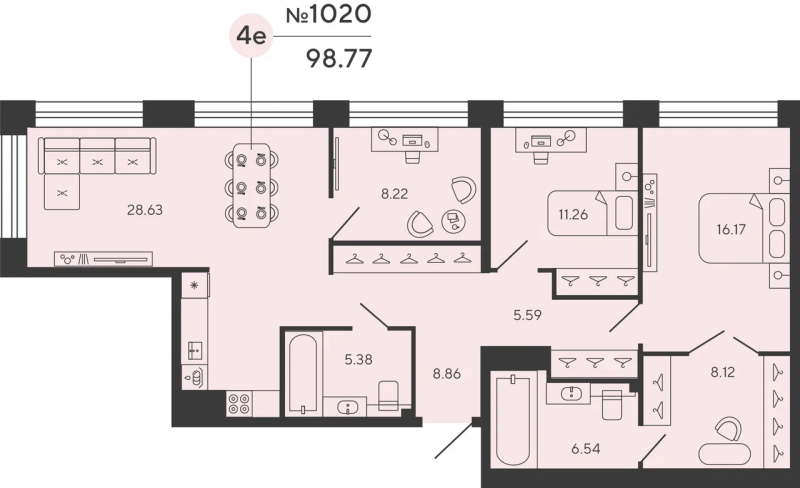 3-комнатная квартира  №1020 в Bashni Element: 98.77 м², этаж 16 - купить в Санкт-Петербурге