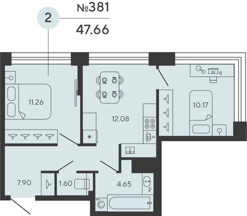 2-комнатная квартира №12уч в: BASHNI ELEMENT: 47.66 м²; этаж: 10 - купить в Санкт-Петербурге