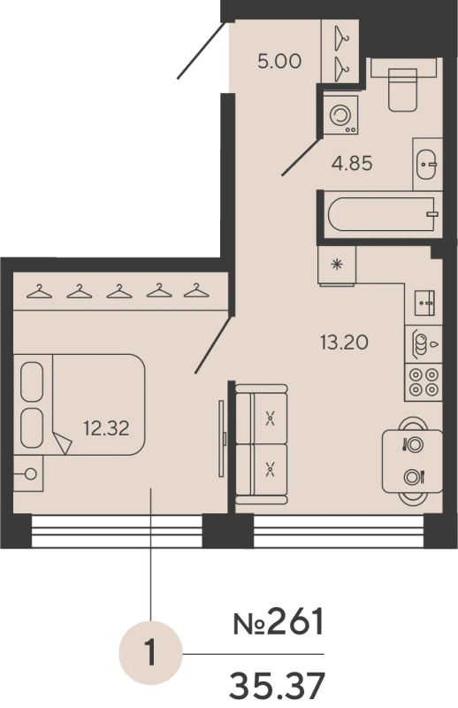 1-комнатная квартира №12уч в: BASHNI ELEMENT: 35.37 м²; этаж: 15 - купить в Санкт-Петербурге