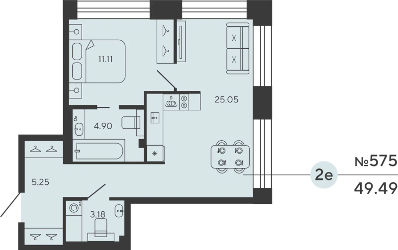 1-комнатная квартира  №575 в Bashni Element: 49.49 м², этаж 3 - купить в Санкт-Петербурге