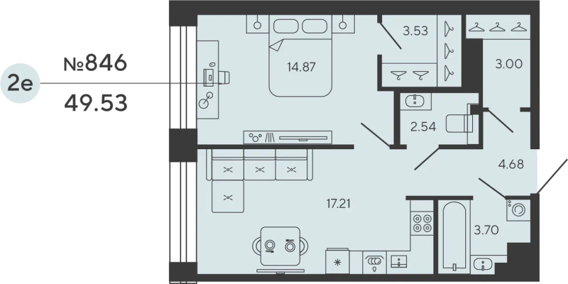 1-комнатная квартира  №846 в Bashni Element: 49.53 м², этаж 8 - купить в Санкт-Петербурге