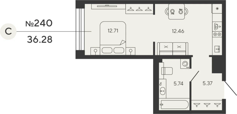 1-комнатная квартира №12уч в: BASHNI ELEMENT: 36.28 м²; этаж: 12 - купить в Санкт-Петербурге