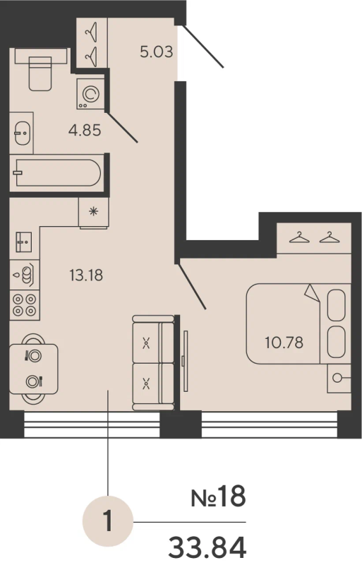 1-комнатная квартира №12уч в: BASHNI ELEMENT: 33.84 м²; этаж: 4 - купить в Санкт-Петербурге