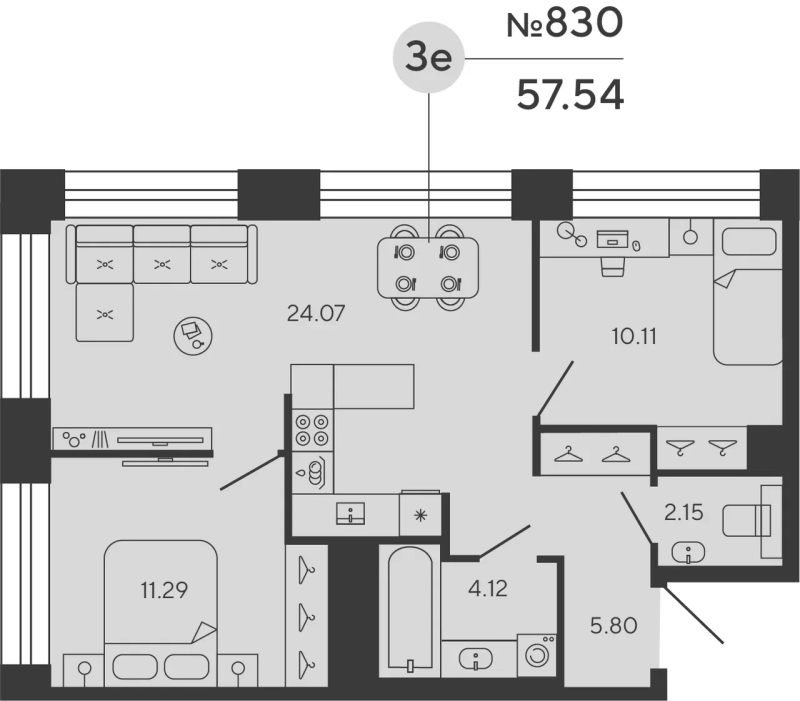 2-комнатная квартира  №830 в Манхэттен: 57.54 м², этаж 5 - купить в Санкт-Петербурге