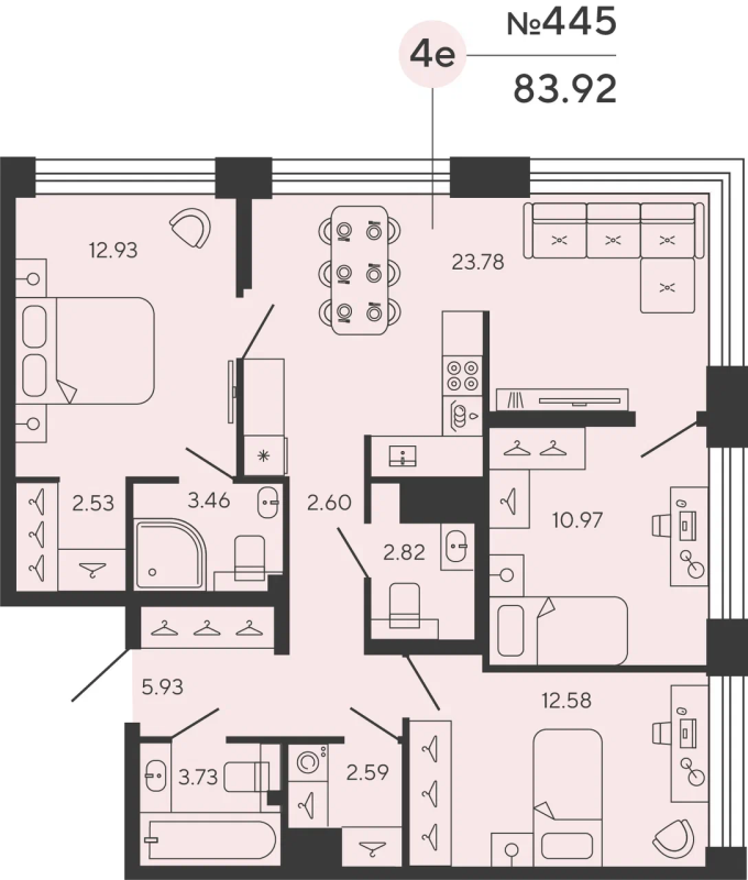 3-комнатная квартира  №445 в Bashni Element: 83.92 м², этаж 18 - купить в Санкт-Петербурге