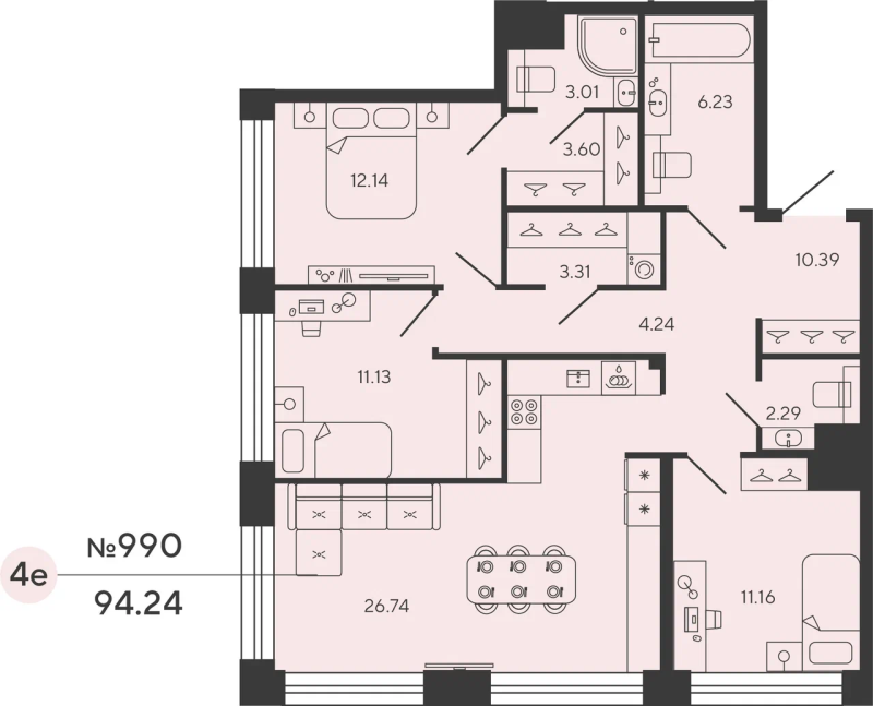 3-комнатная квартира  №990 в Bashni Element: 94.24 м², этаж 9 - купить в Санкт-Петербурге