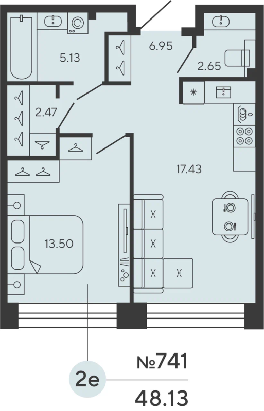 1-комнатная квартира  №741 в Bashni Element: 48.13 м², этаж 3 - купить в Санкт-Петербурге