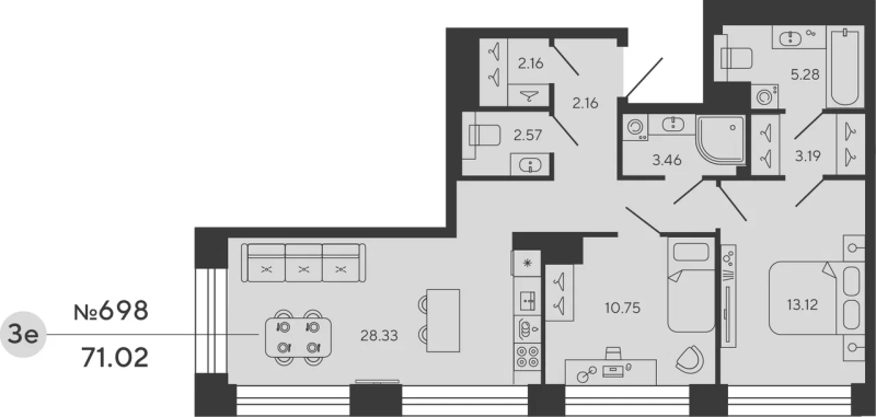 2-комнатная квартира  №698 в Bashni Element: 71.02 м², этаж 11 - купить в Санкт-Петербурге