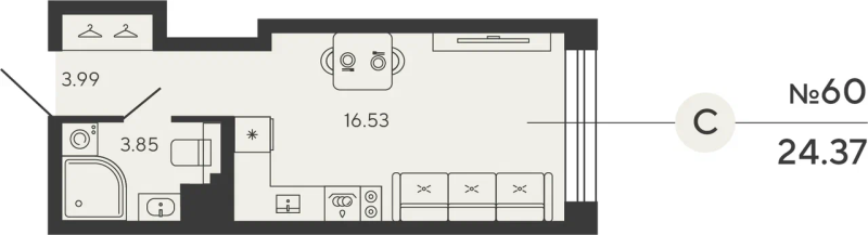 1-комнатная квартира №12уч в: BASHNI ELEMENT: 24.37 м²; этаж: 9 - купить в Санкт-Петербурге