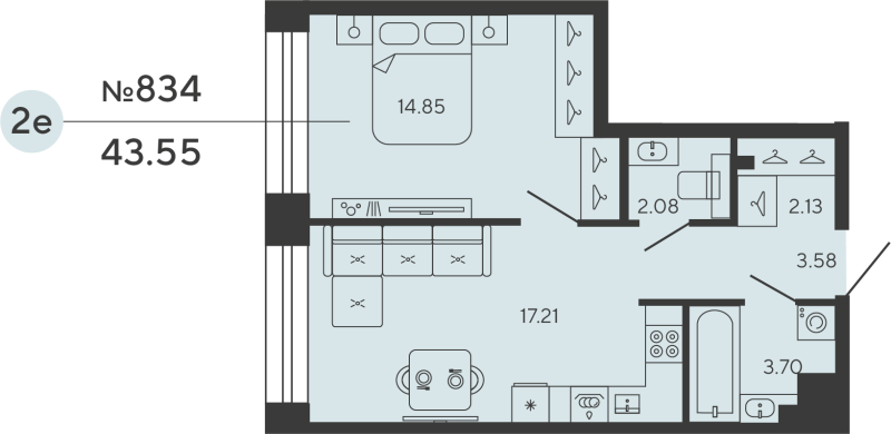 1-комнатная квартира  №834 в Bashni Element: 43.55 м², этаж 6 - купить в Санкт-Петербурге