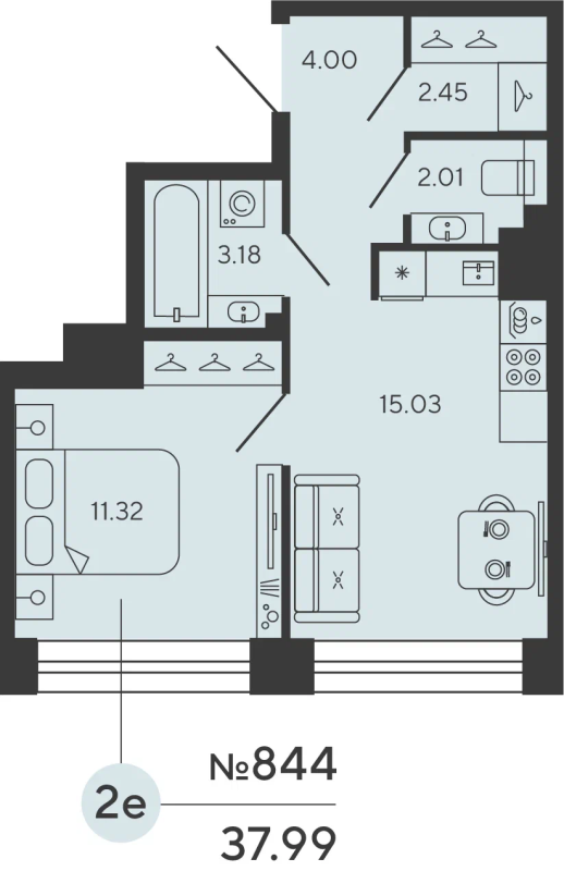 1-комнатная квартира  №844 в Bashni Element: 37.99 м², этаж 8 - купить в Санкт-Петербурге