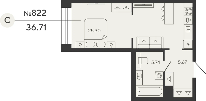 1-комнатная квартира №12уч в: BASHNI ELEMENT: 36.71 м²; этаж: 4 - купить в Санкт-Петербурге