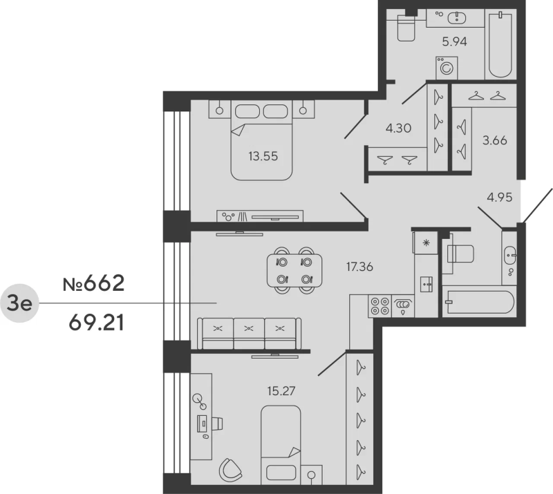 2-комнатная квартира, 69.21 м²; этаж: 3 - купить в Санкт-Петербурге