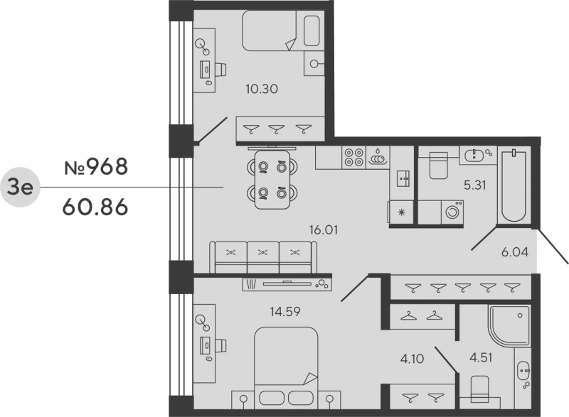 2-комнатная квартира, 60.86 м²; этаж: 3 - купить в Санкт-Петербурге