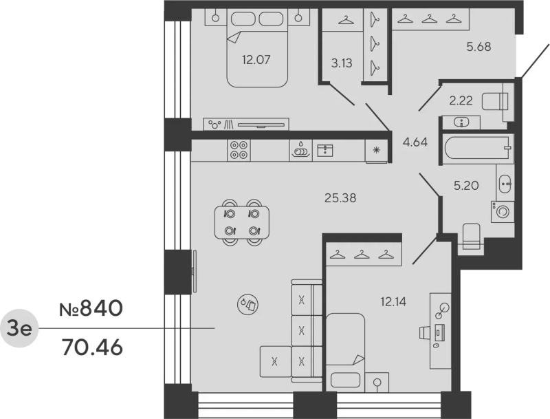 2-комнатная квартира  №840 в Bashni Element: 70.46 м², этаж 7 - купить в Санкт-Петербурге