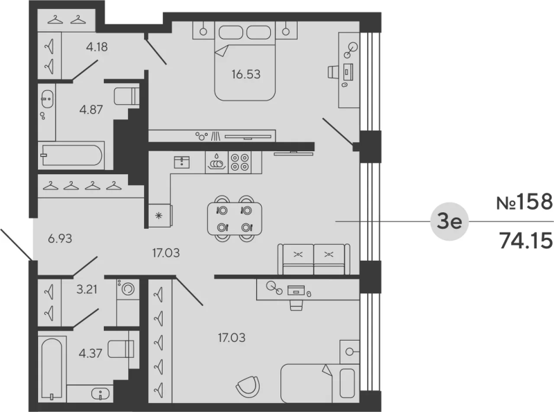 2-комнатная квартира №12ус в: BASHNI ELEMENT: 74.15 м²; этаж: 21 - купить в Санкт-Петербурге