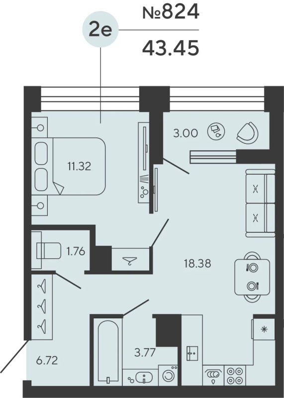 1-комнатная квартира №12уч в: BASHNI ELEMENT: 43.45 м²; этаж: 4 - купить в Санкт-Петербурге