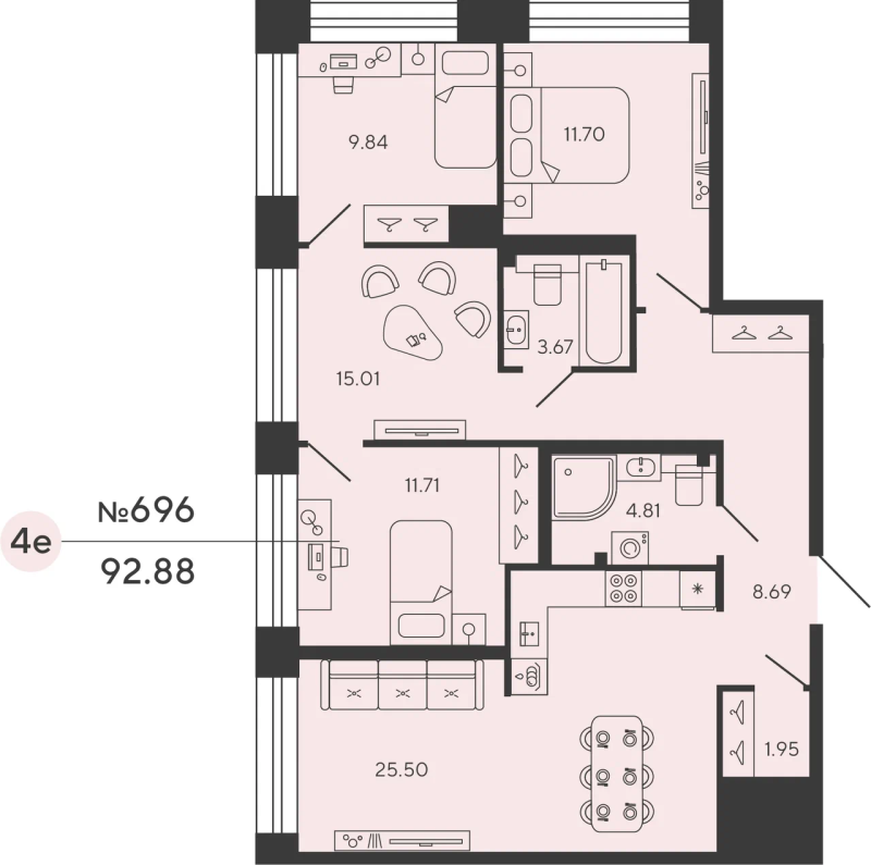 3-комнатная квартира, 92.88 м²; этаж: 10 - купить в Санкт-Петербурге