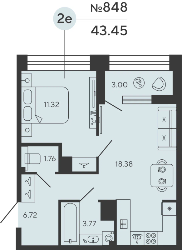 1-комнатная квартира, 43.45 м²; этаж: 8 - купить в Санкт-Петербурге