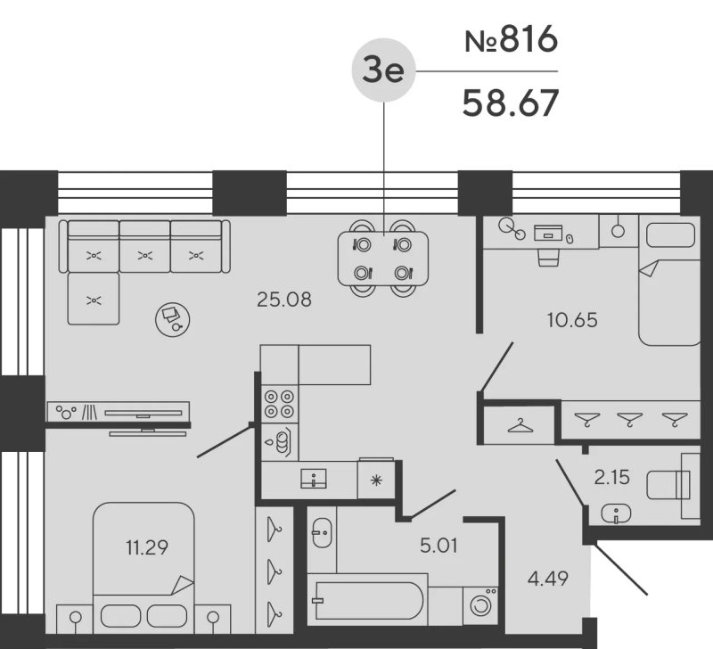 2-комнатная квартира  №816 в Манхэттен: 58.67 м², этаж 3 - купить в Санкт-Петербурге
