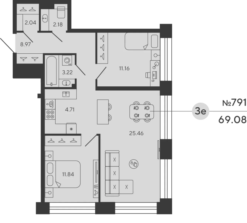 2-комнатная квартира, 68.39 м²; этаж: 14 - купить в Санкт-Петербурге