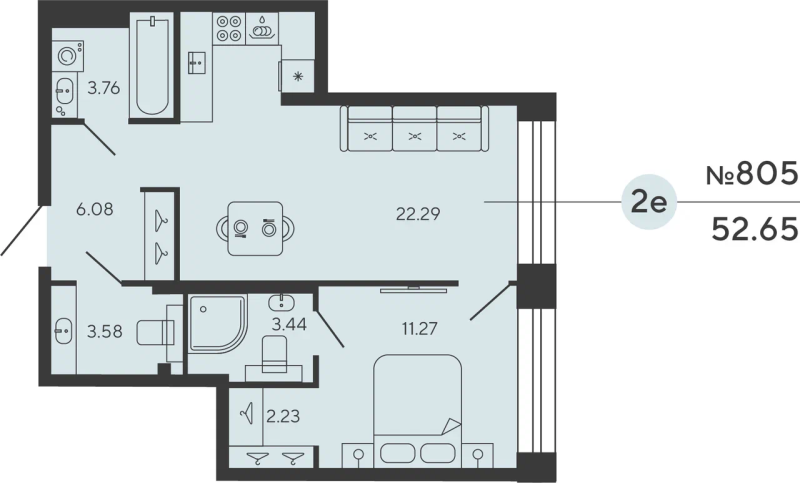 1-комнатная квартира  №805 в Bashni Element: 51.71 м², этаж 17 - купить в Санкт-Петербурге