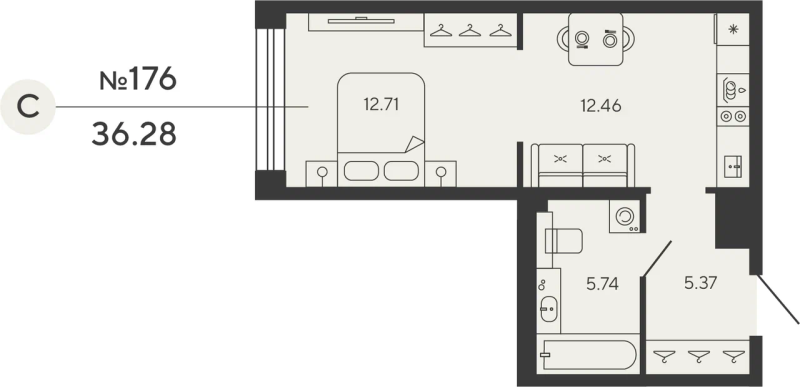 1-комнатная квартира №12уч в: BASHNI ELEMENT: 36.28 м²; этаж: 4 - купить в Санкт-Петербурге