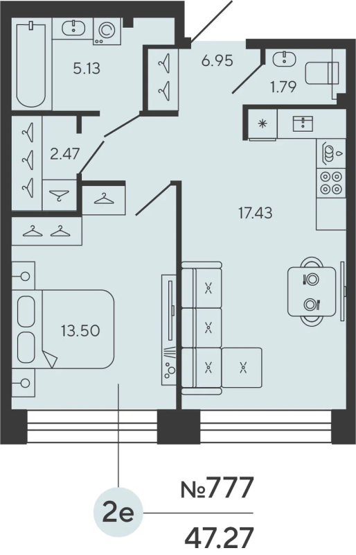 1-комнатная квартира  №777 в Bashni Element: 46.84 м², этаж 11 - купить в Санкт-Петербурге