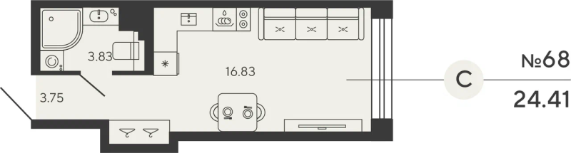 1-комнатная квартира №12уч в: BASHNI ELEMENT: 24.41 м²; этаж: 10 - купить в Санкт-Петербурге