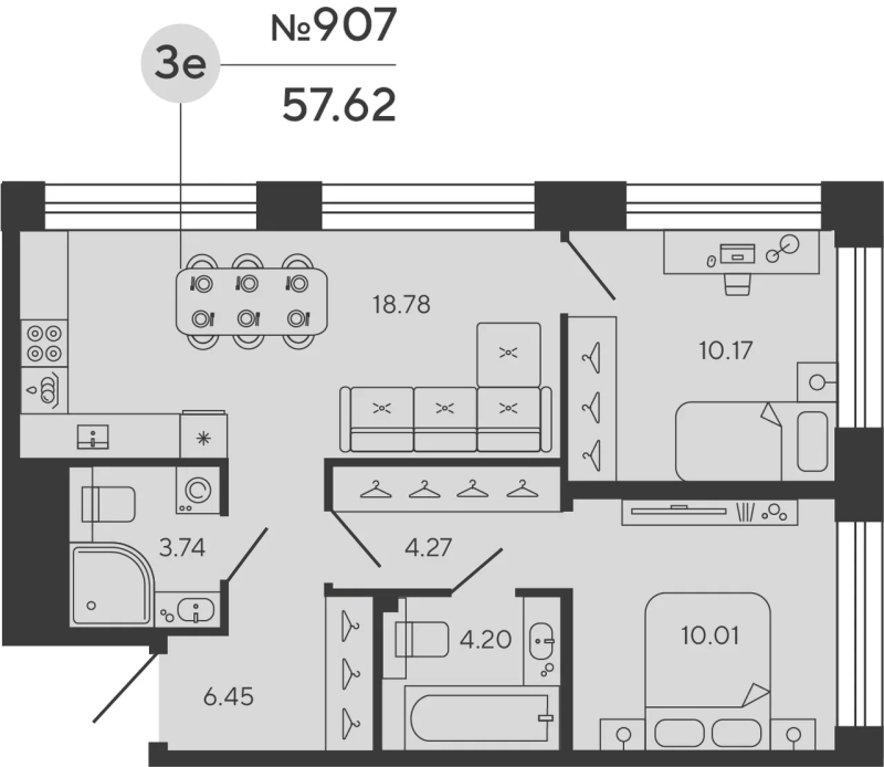2-комнатная квартира  №907 в Притяжение: 57.62 м², этаж 6 - купить в Санкт-Петербурге