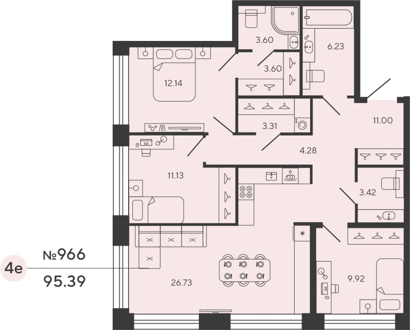 3-комнатная квартира  №966 в Bashni Element: 95.39 м², этаж 3 - купить в Санкт-Петербурге