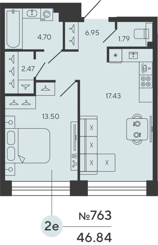 1-комнатная квартира  №763 в Bashni Element: 46.84 м², этаж 7 - купить в Санкт-Петербурге