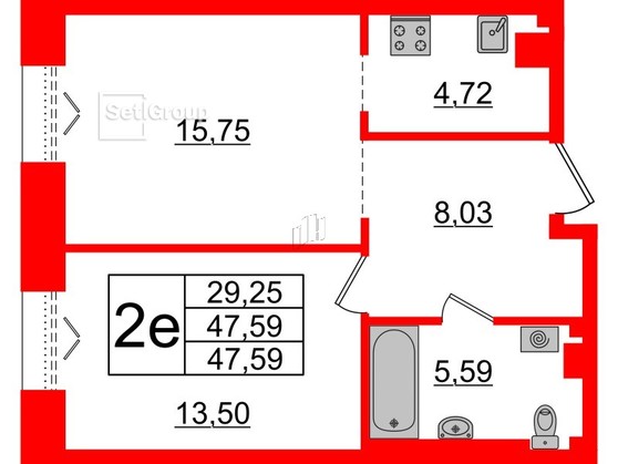 1-комнатная квартира  №195 в Imperial club: 47.59 м², этаж 5 - купить в Санкт-Петербурге