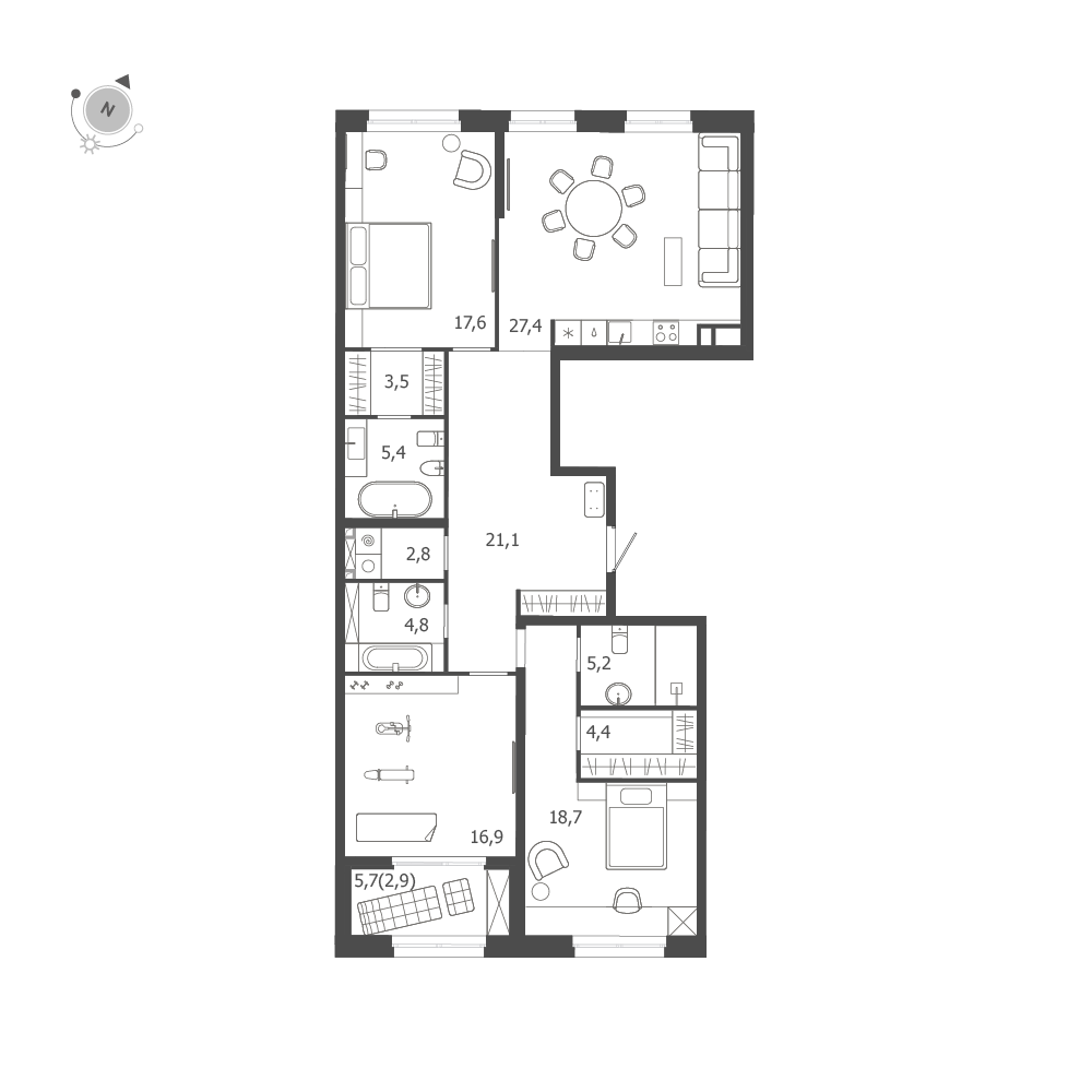 3-комнатная квартира  №210 в ЛДМ: 130.7 м², этаж 5 - купить в Санкт-Петербурге