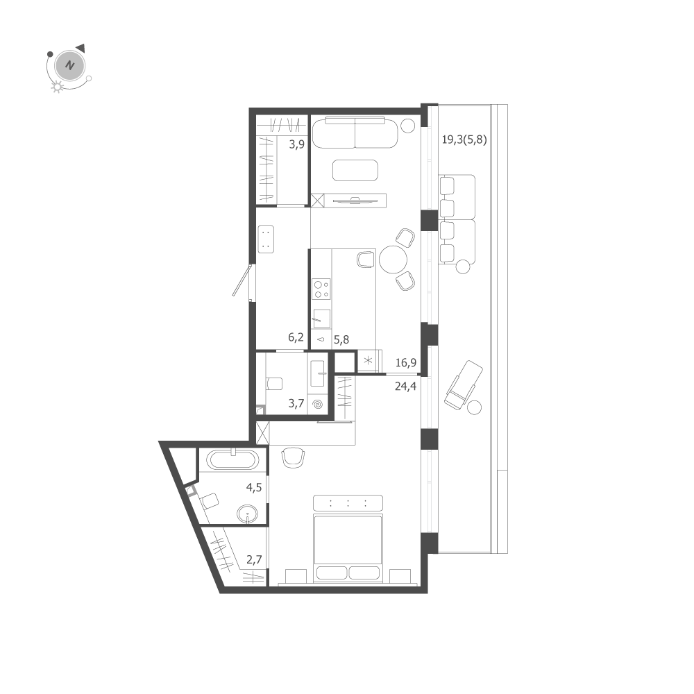 1-комнатная квартира  №201 в ЛДМ: 73.9 м², этаж 9 - купить в Санкт-Петербурге