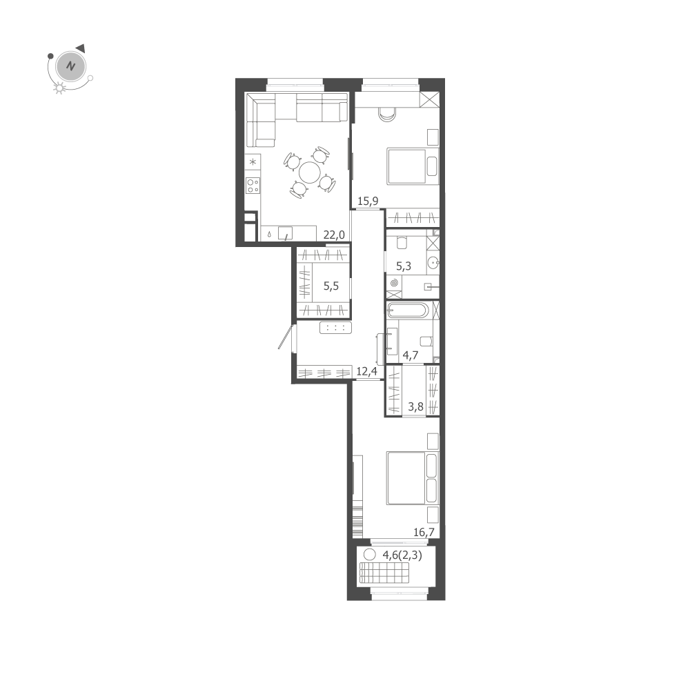 2-комнатная квартира  №319 в ЛДМ: 88.6 м², этаж 5 - купить в Санкт-Петербурге