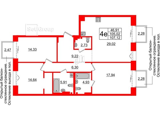 3-комнатная квартира № в: IMPERIAL CLUB: 105.02 м²; этаж: 5 - купить в Санкт-Петербурге