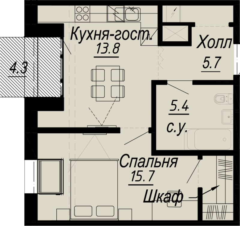 1-комнатная квартира  №24-7 в Meltzer Hall: 42.8 м², этаж 7 - купить в Санкт-Петербурге