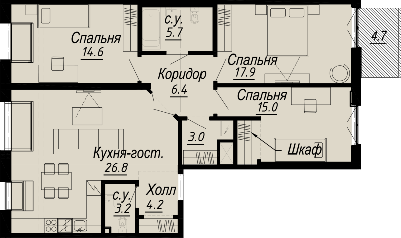 3-комнатная квартира  №23-7 в Русские сезоны: 98.2 м², этаж 7 - купить в Санкт-Петербурге