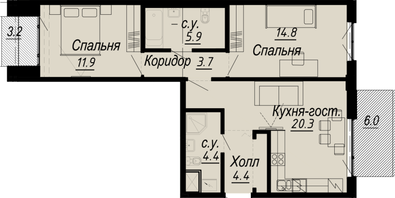 2-комнатная квартира  №20-7 в Meltzer Hall: 67.2 м², этаж 7 - купить в Санкт-Петербурге