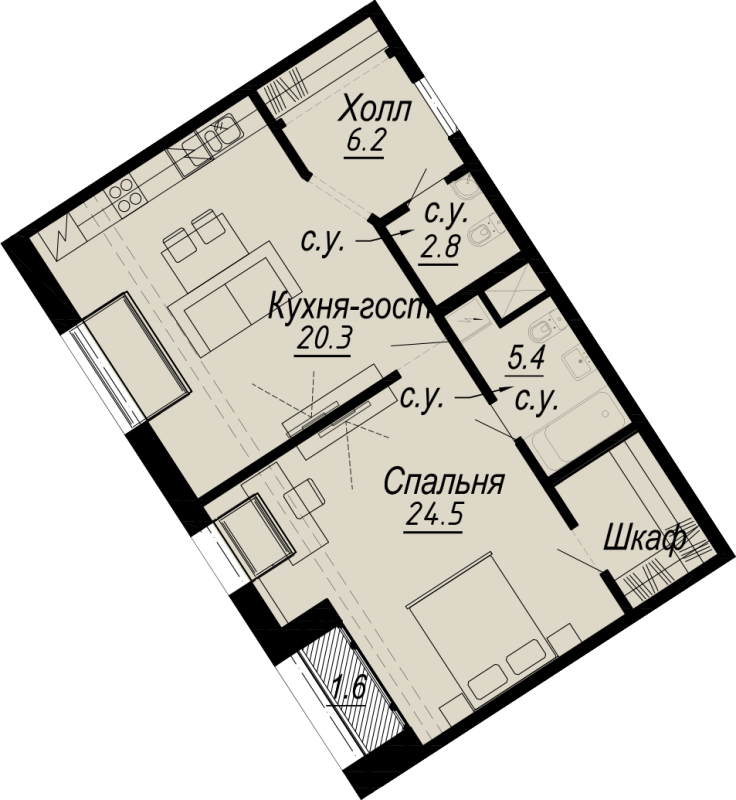 1-комнатная квартира  №3-7 в Meltzer Hall: 59.7 м², этаж 7 - купить в Санкт-Петербурге