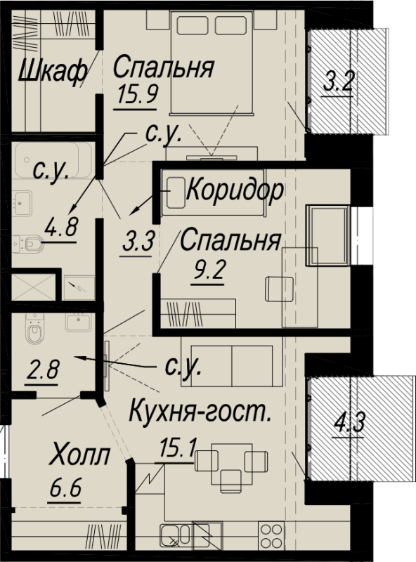 2-комнатная квартира  №9-7 в Meltzer Hall: 61.3 м², этаж 7 - купить в Санкт-Петербурге