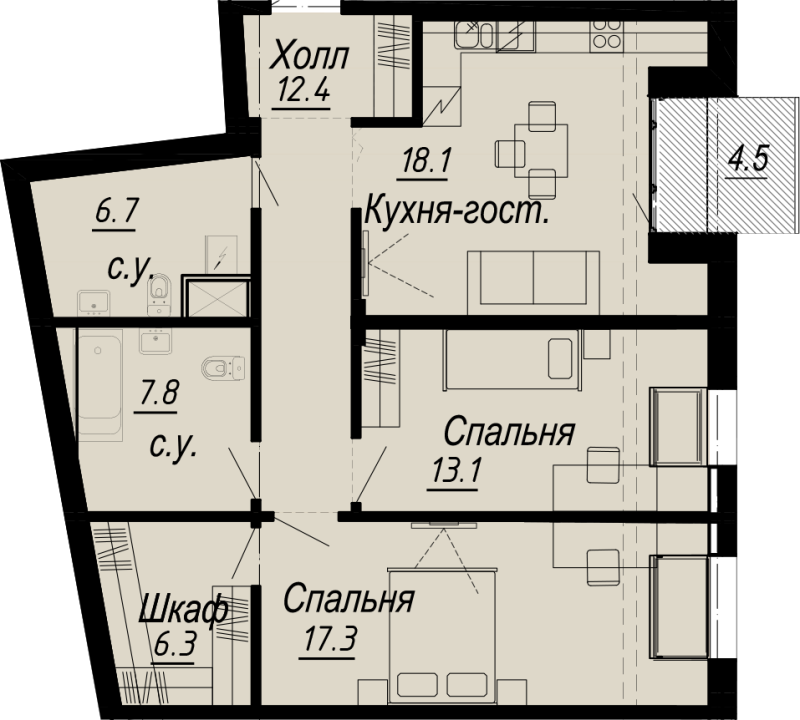 2-комнатная квартира  №14-7 в Meltzer Hall: 84 м², этаж 7 - купить в Санкт-Петербурге