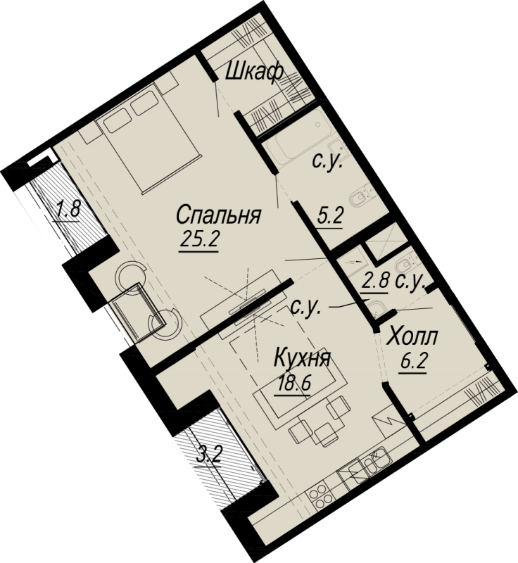 1-комнатная квартира  №2-7 в Meltzer Hall: 59.3 м², этаж 7 - купить в Санкт-Петербурге