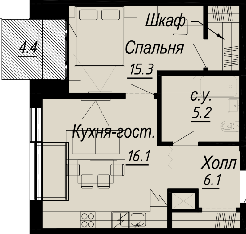 1-комнатная квартира  №27-7 в Meltzer Hall: 44 м², этаж 7 - купить в Санкт-Петербурге