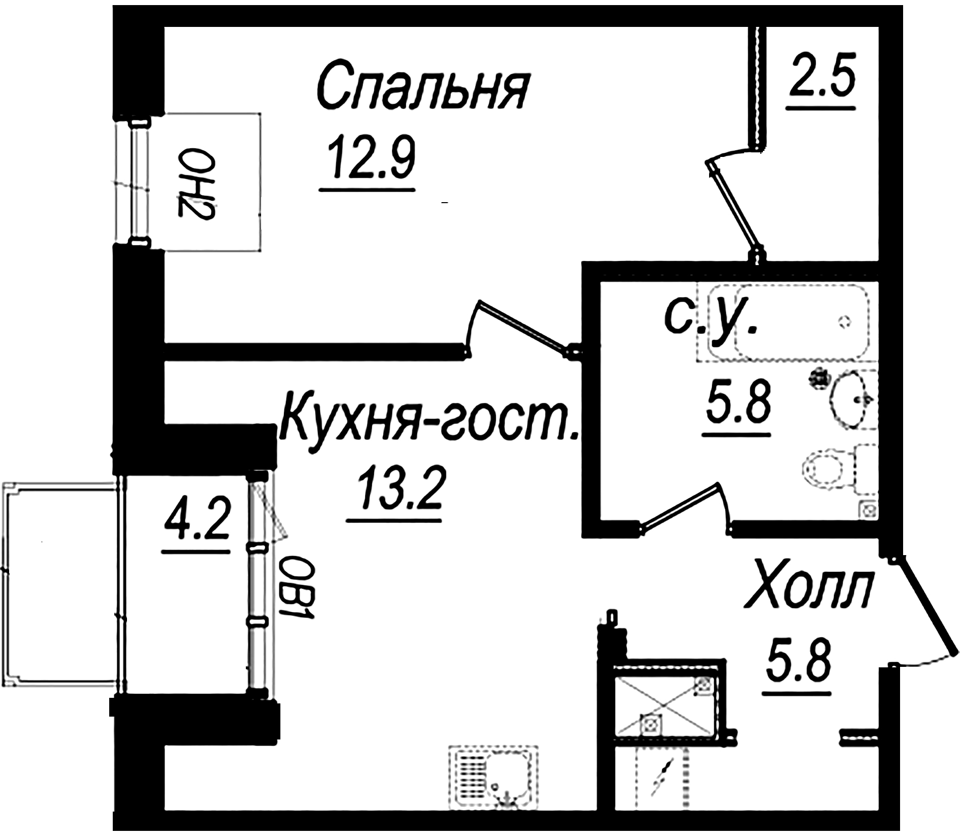 1-комнатная квартира  №21-7 в ArtStudio Moskovsky: 42.5 м², этаж 7 - купить в Санкт-Петербурге