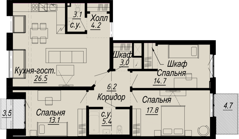 3-комнатная квартира  №22-7 в Meltzer Hall: 96.5 м², этаж 7 - купить в Санкт-Петербурге